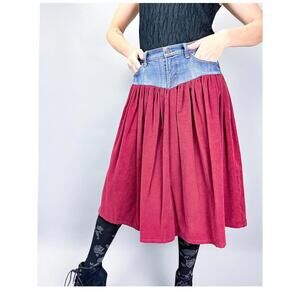Midi Broom Skirt | Upcycled Denim & Cranberry Corduroy Gathered Long Skirt